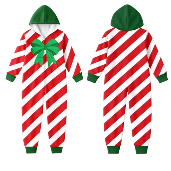AWZXDE Boys Printed Jumpsuits Hooded Candy Cane Style One Piece Outfit Zip Front With Front Pockets For Christmas Party Family Photo And Festive Home Gatherings