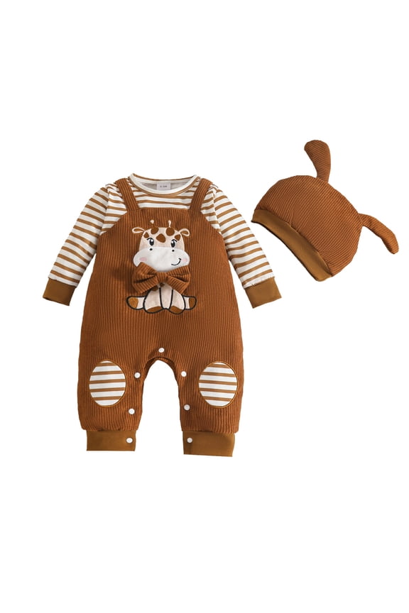 Boys Rompers Striped Long Sleeve Giraffe Embroidery Jumpsuit With Matching Hat Snap Crotch Texture Two Piece Outfit Set Brown - 6-9 Months