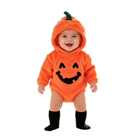AWZXDE Boys Seasonal Rompers Halloween Pumpkin Hooded Outfit Fuzzy O Face Design For Festival Trick Or Family Photo Gathering Events Z4-Orange - 12-18 Months