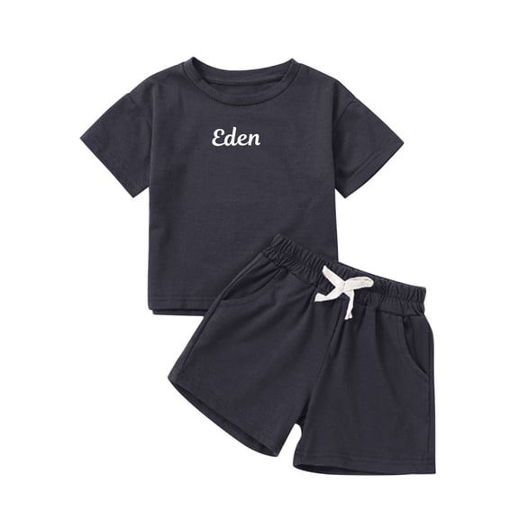 AWZXDE Boys Set Custom Name Embroidery Warm Weather Small Medium Kids Cotton Short Sleeve Shorts Solid Individualized Clothing GY1,6-12 Months