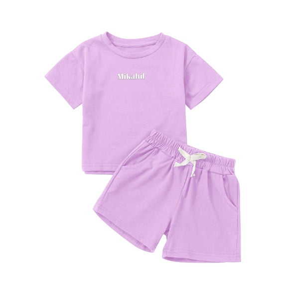 AWZXDE Boys Set Custom Name Embroidery Warm Weather Small Medium Kids Cotton Short Sleeve Shorts Solid Individualized Clothing Purple,4-5 Years