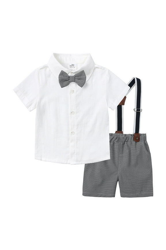 Boys Set Handsome British Gentleman Short Sleeve Shirt Suspenders 2-Piece Formal Wear for Small Medium Kids Boys Outfits Seasonal Clothing White,6-9 Months