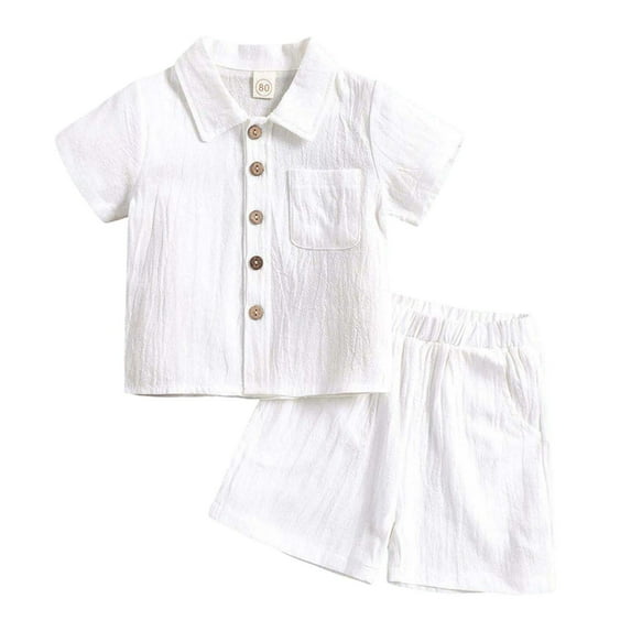 AWZXDE Boys Set Toddler Warm Weather Casual Daily Comfort Short Sleeve Lapel Shirt Shorts Solid 2-Piece Boys Outfits Playwear White,5-7 Years