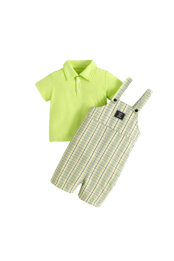 Boys Set Warm Weather Adorable Green Short Sleeve Collared Shirt Plaid Suspenders Casual 2-Piece Green,2-3 Years