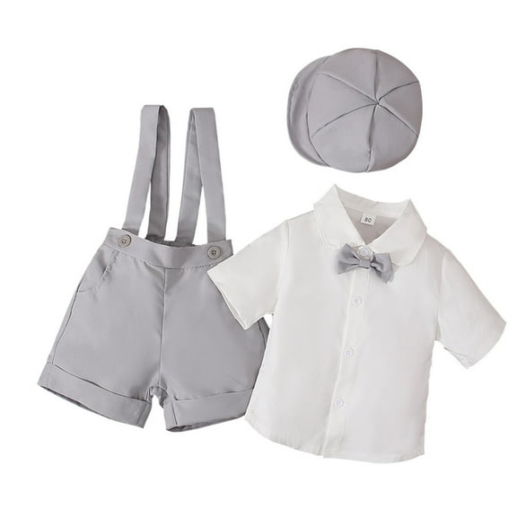 AWZXDE Boys Set Warm Weather Gentleman Short Sleeve Shirt Bow Tie Suspenders Shorts Hat 4-Piece Children Wear Grey,12-18 Months