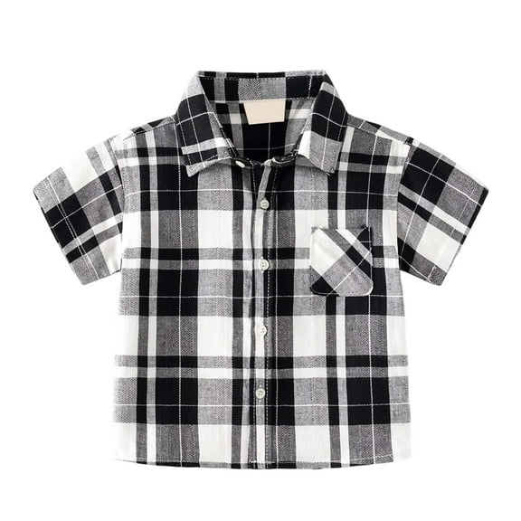 AWZXDE Boys Short Sleeve Plaid Shirt Button Down Collar Breathable Cool Top Long Sleeve Shirts For Toddler Boys Home 1-6y White，12-24 Months