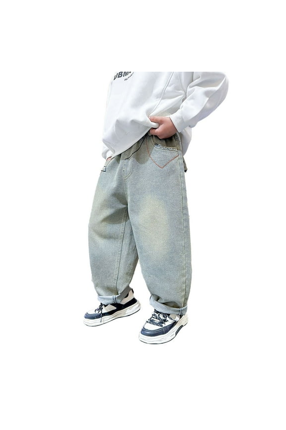 Boys Solid Color Relaxed Fit Cargo Denim Jeans, Loose-Fit Pockets Pants for Kids' Everyday Casual Style Blue,5-6 Years