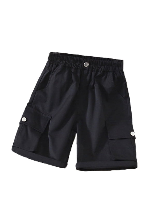 Boys Spring And Summer Street Leisure Sports Pocket Drawstring Slacks For Boys Stretch Waist Color Cargo 5 Points Labor Pants Black
