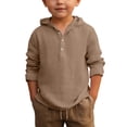 thumbnail image 1 of AWZXDE Boys Summer Hooded Shirt Long Sleeve Button Down Beach Top Breathable Solid Color Casual Wear For Youth Children Khaki, 1 of 4