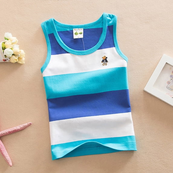 AWZXDE Boys Summer Tank Tops Rainbow Striped Sleeveless Muscle Shirt Comfortable Stretchy Casual Wear For Kids Age 3 To 14 Years Athletic Play Sky Blue,6-7 Years