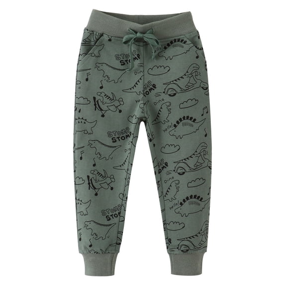 AWZXDE Boys Sweatpants Cartoon Dinosaur Printed Jogger Pants Elastic Waist Soft Breathable Casual Trousers For Kids Outdoor Play Dark Green - 5-6 Years