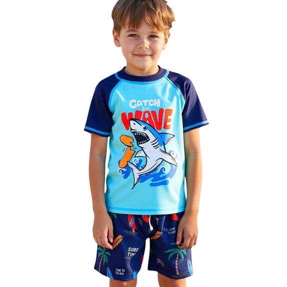 AWZXDE Boys Two Piece Swim Set Cartoon Print Rash Guard Shirt with Swim Trunks for Summer Beach