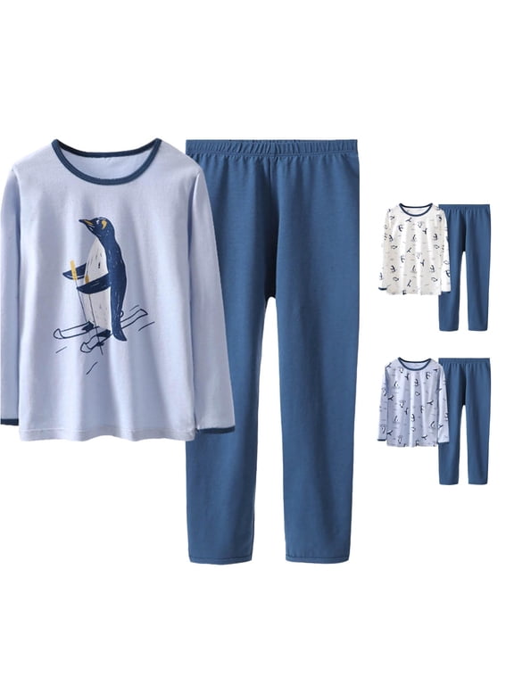 Boys Winter Thermal Pajamas With Cute Penguin Print Soft Stretch Long Sleeve Two Piece For Kids Youth Cozy Home Loungewear Blue,10-11 Years