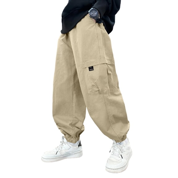 AWZXDE Boys cargo pants autumn winter large kids style versatile loose cargo long pants for outdoor and casual Khaki,5-6 Years