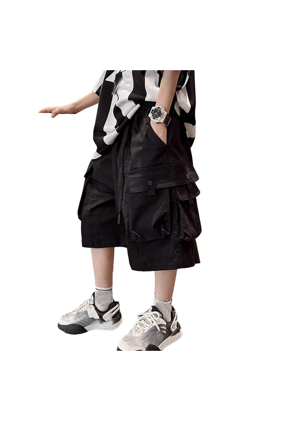 Boys cargo straight pants loose stylish solid color shorts children summer five-point medium pants for warm weather Black,11-12 Years