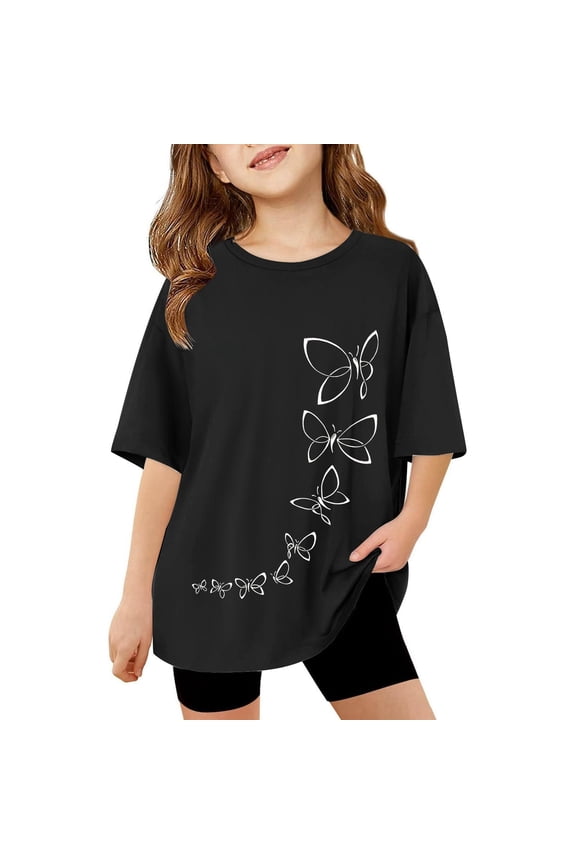 Butterfly Design Girls Short Sleeve Crew Neck T Shirt Flutter Cute Comfortable Casual Tee For Everyday Wear And Play 3-13Y Black,12-13 Years
