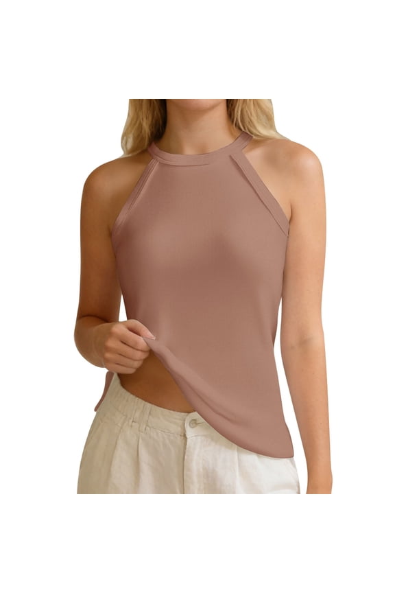 Camisole With Built In Bra Long Length Halter Neck Cami Top for Layering