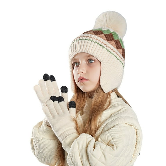 AWZXDE Children Fashion Kids Hat Gloves With Hairball Colored Shaped Knitted Woolen Hat For Boys And Girls Warm Ear Protection Beige