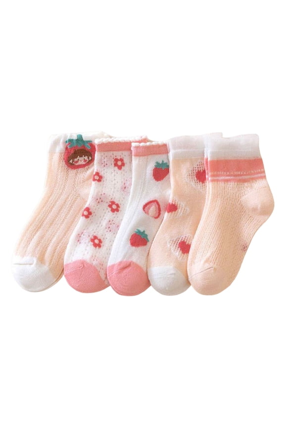 Children Girls Mesh Socks Breathable Soft Comfortable Cute Cartoon Character Strawberry Flower Pattern Daily Walking Wear Pink,S
