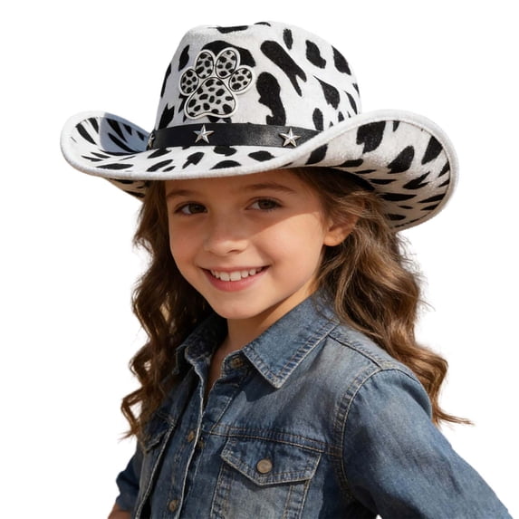 AWZXDE Children's Denim Style Cow Print Cowboy Hat for Party and Play Occasions White1,5-7 Years