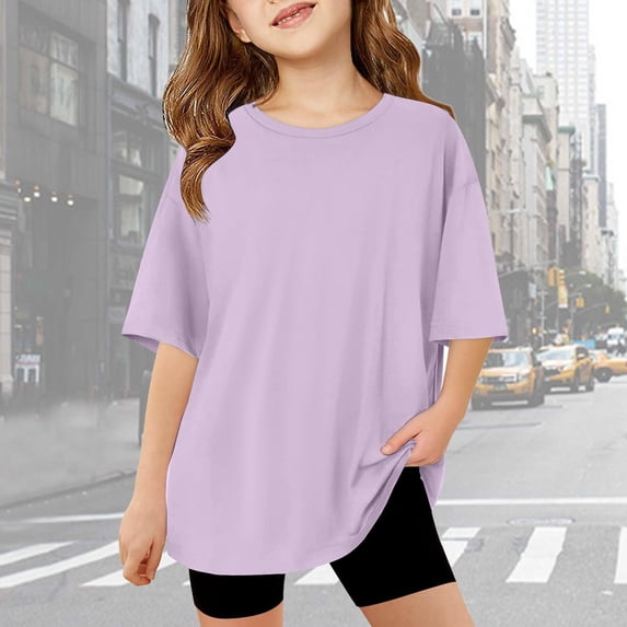 AWZXDE Children's Oversized T Shirt Drop Shoulder Short Sleeve Summer Casual Crewneck Basic Comfy Tees For Girls Light Purple,9-10 Years