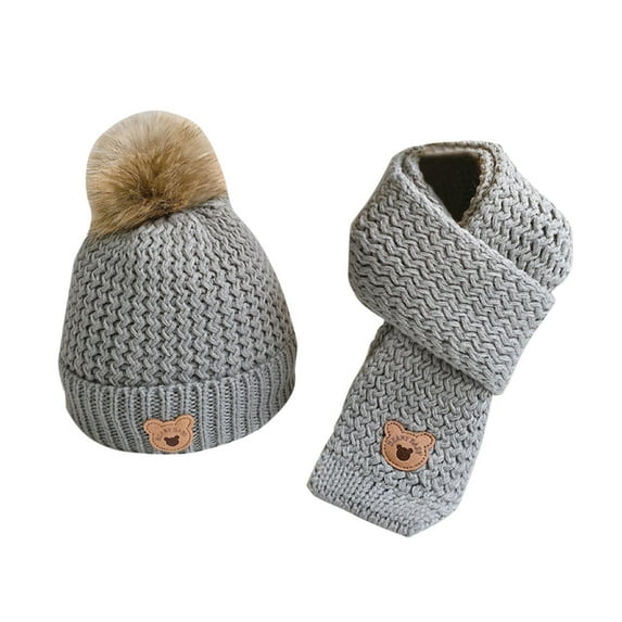AWZXDE Children's Winter Warm Hat Scarf Set 3-12 Years Boys Girls Cotton Lined Soft Knit Cap Two-Piece Cold Weather Daily Wear Grey