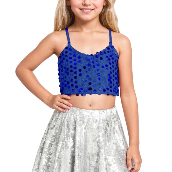 AWZXDE Childrens Adjustable Elastic Band Sequined Navel Exposing Top For Carnival Party And Kids Tops Apparel Blue,Over 11 years old
