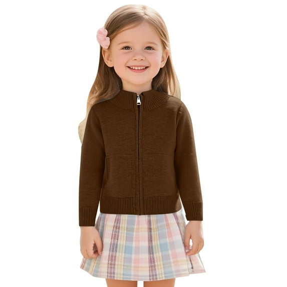 AWZXDE Childrens Knit Cardigan with Zip Front Solid Color Classic Casual Versatile with Pockets for Boys and Girls Autumn Winter Fashion Coffee,5-6Years