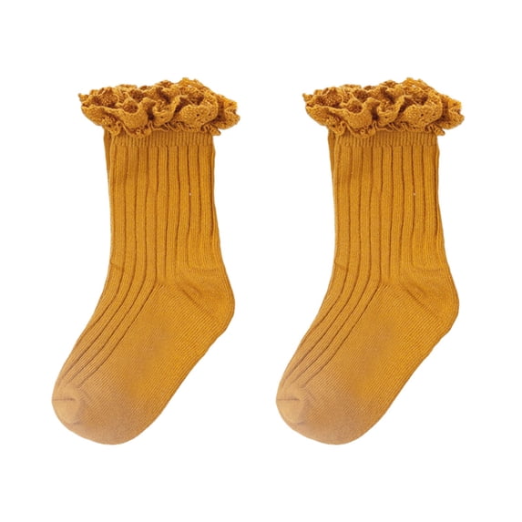 AWZXDE Childrens Lace Solid Color Double Needle Crew Socks for Daily School Outdoor Play Yellow,1-3 Years