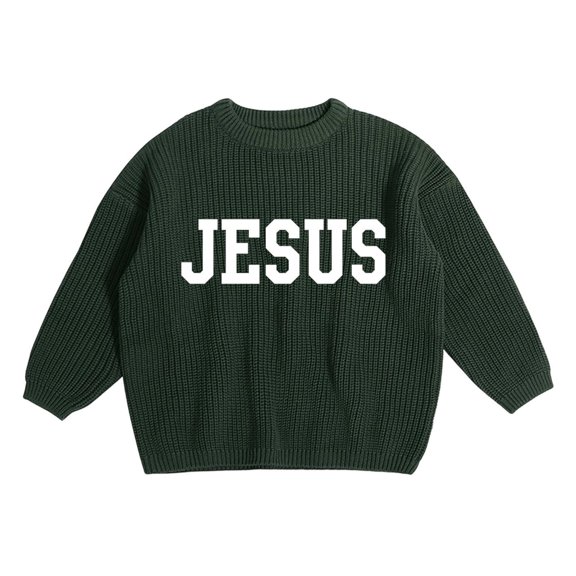 AWZXDE Childrens Sweater with Handcrafted Embroidery Letter Print Solid Color Fashion Knit Top for Autumn Winter Casual Wear and Custom Design Army Green，12-18 Months