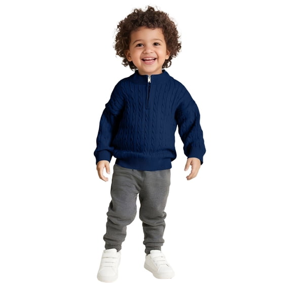 AWZXDE Childrens Sweater with Half Zip High Neck Solid Color Casual Versatile Knit for Autumn Winter Daily Wear and Warmth Dark Blue，5-6Years