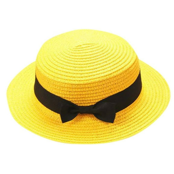 AWZXDE Classic Floppy Bow Straw Hat for Women Men Summer Beach Sun Wide Brim Boater Cap for Outdoor Garden Party Yellow