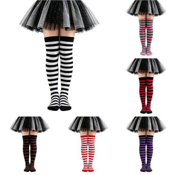 AWZXDE Classic Horizontal Striped Kids Thigh High Socks Soft Knit Over‑the‑Knee Socks for Girls for Halloween Cosplay Holiday Party Dress‑up White - 6-12 Years