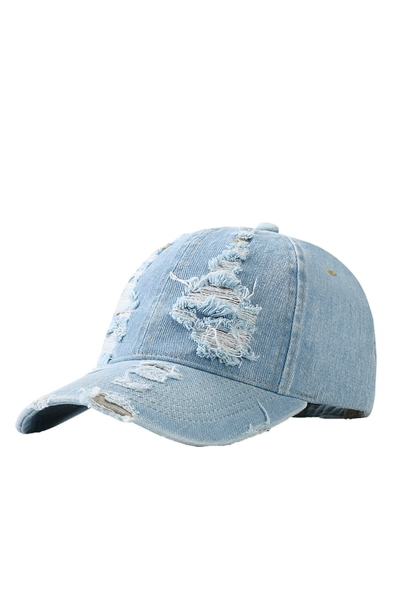 Classic Washed Ripped Denim Baseball Cap Unisex Distressed Sun Hat Adjustable Dad Hat Light Blue