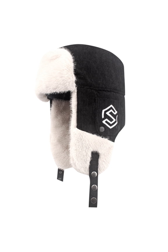 Corduroy Lei Feng Winter Hats For Men And Women Warm Ear Cover Windproof Ski Cap For Outdoor Cycling Black