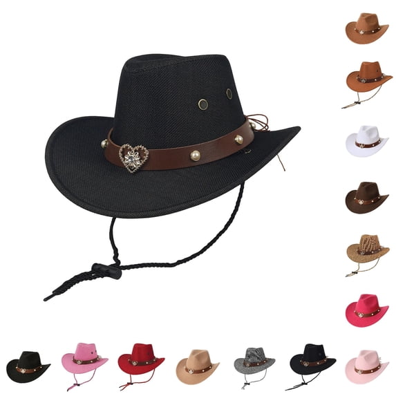AWZXDE Cowboy Hats For Kid Unisex Wide Brim Woven Sun Hat With Heart Rhinestone Band Adjustable Chin Cord for Beach Camping Theme Party Playground Activities Black-A - One Size