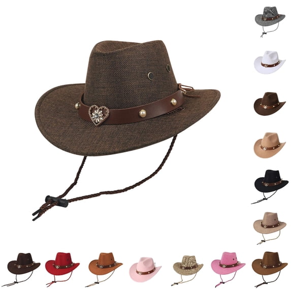 AWZXDE Cowboy Hats For Kid Unisex Wide Brim Woven Sun Hat With Heart Rhinestone Band Adjustable Chin Cord for Beach Camping Theme Party Playground Activities Coffee-A - One Size