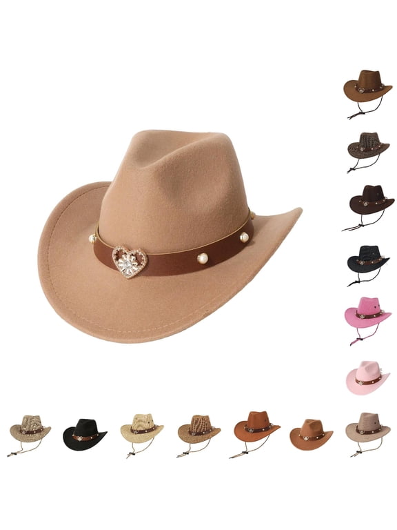 Cowboy Hats For Kid Unisex Wide Brim Woven Sun Hat With Heart Rhinestone Band Adjustable Chin Cord for Beach Camping Theme Party Playground Activities Khaki-C - One Size