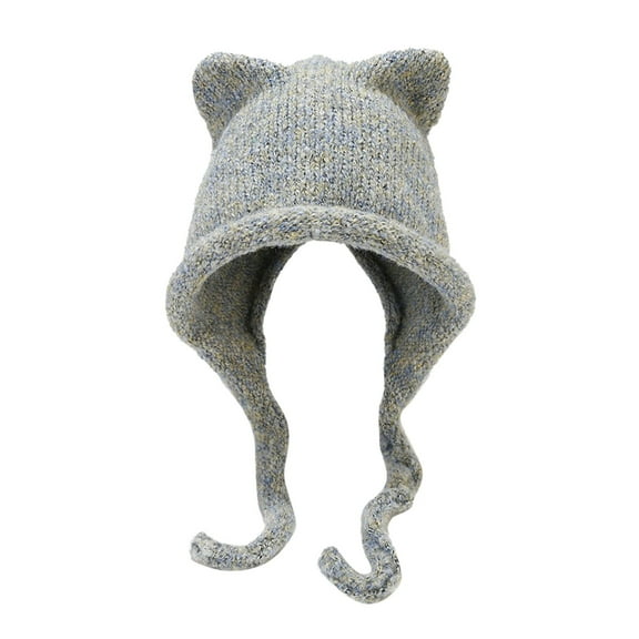 AWZXDE Cute Cat Ear Braid Knitted Hat For Cold Weather Outdoor Warm Beanie Hats For Women Braided Style Grey