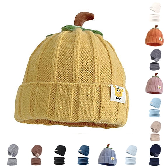 AWZXDE Cute Pumpkin Shape Kids Knit Beanie Hat Vertical Ribbed Warm Winter Cap With Fruit Top Decoration Soft Stretchy Headwear for Cold Daily Outdoor Wear Yellow-1 - One Size