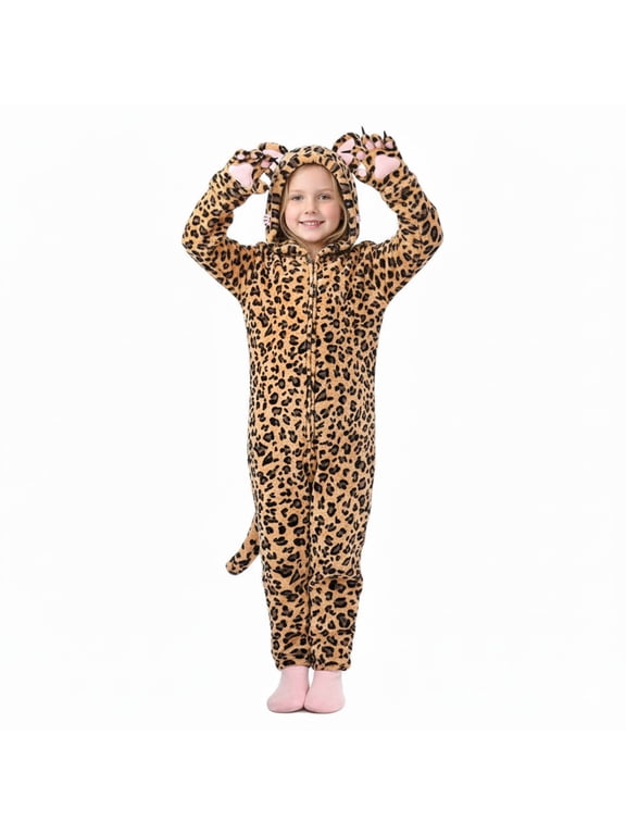 Cute Rompers For Girls Fuzzy Leopard Pattern Hooded Tail Full Zip Casual Girls Romper Outfit Coffee - 5-6 Years