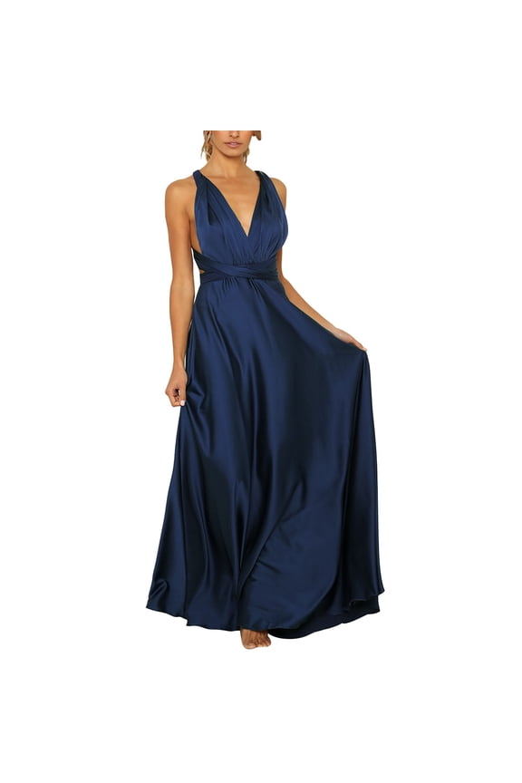 Deep V Neck Sleeveless Long Formal Dress for Women Party Occasion Slim Fit Elegant Trendy Gown Navy,M