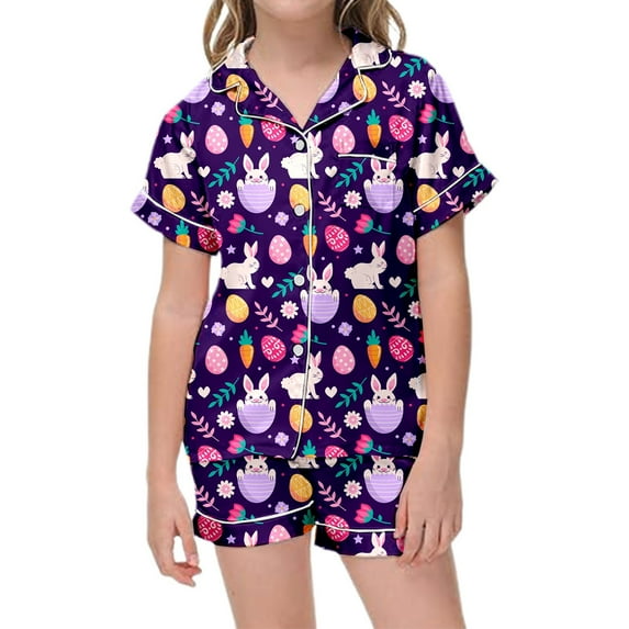 AWZXDE Easter Bunny Floral Print Kids Girls Pajama Set Short Sleeve Button Down Top with Shorts Sleepwear Outfit Easter Toddler Girl Outfit Purple,10-11 Years
