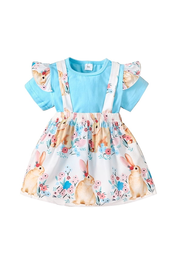 Easter Girls Outfit Set Adorable Bunny Cartoon Print Top with Ruffled Short Sleeves and Matching Suspender Skirt Toddler Two Piece Coordinated Ensemble Easter Outfits Blue,12-24 Months