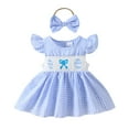 thumbnail image 1 of AWZXDE Easter Outfit Baby Girl Romper Dress My First Easter Fly Sleeve Smocked Dress Summer Clothes Baby Girl Outfit Light Blue，3-6 Months, 1 of 9