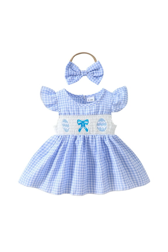 Easter Outfit Baby Girl Romper Dress My First Easter Fly Sleeve Smocked Dress Summer Clothes Baby Girl Outfit Light Blue,3-6 Months