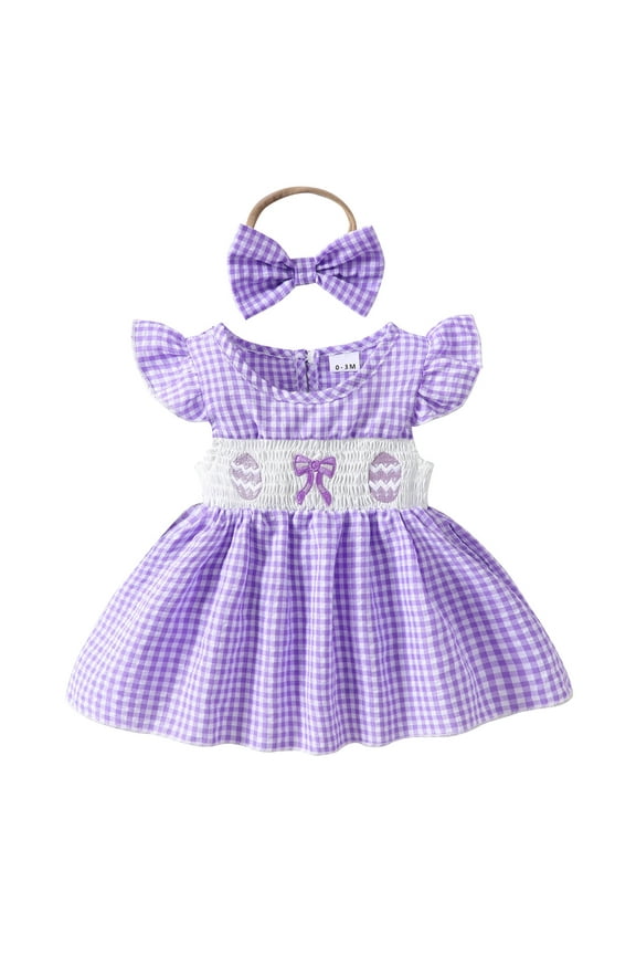 Easter Outfit Baby Girl Romper Dress My First Easter Fly Sleeve Smocked Dress Summer Clothes Baby Girl Outfit Purpleļ¼12-18 Months