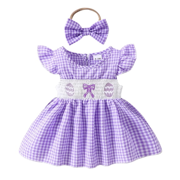 AWZXDE Easter Outfit Baby Girl Romper Dress My First Easter Fly Sleeve Smocked Dress Summer Clothes Baby Girl Outfit Purple,6-12 Months