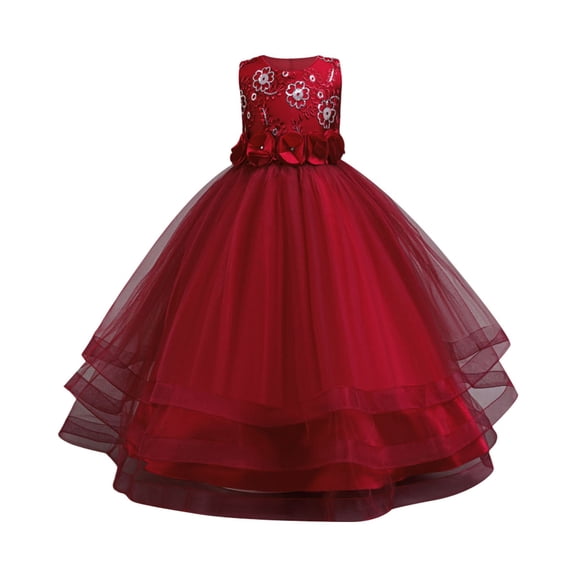 AWZXDE Elegant Floral Embroidery Sleeveless Gown Dress For Girls And Celebrations Red