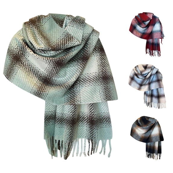 AWZXDE Elegant Gradient Plaid Winter Scarf With Tassels Unisex Thick Warm Soft Fashion Shawl Wrap Light Green